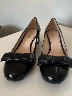 Prada Black Patent Leather Bow Pumps